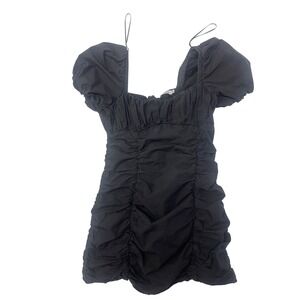 Lush Black Ruched Puff Sleeve Mini Bodycon Dress Size M Square Neck Off Shoulder